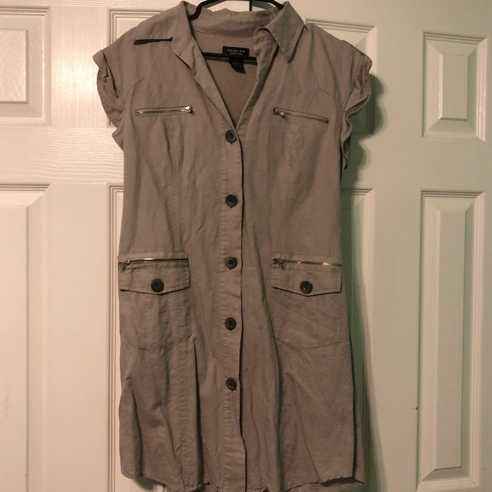 Tan/nude color short dress. Button up